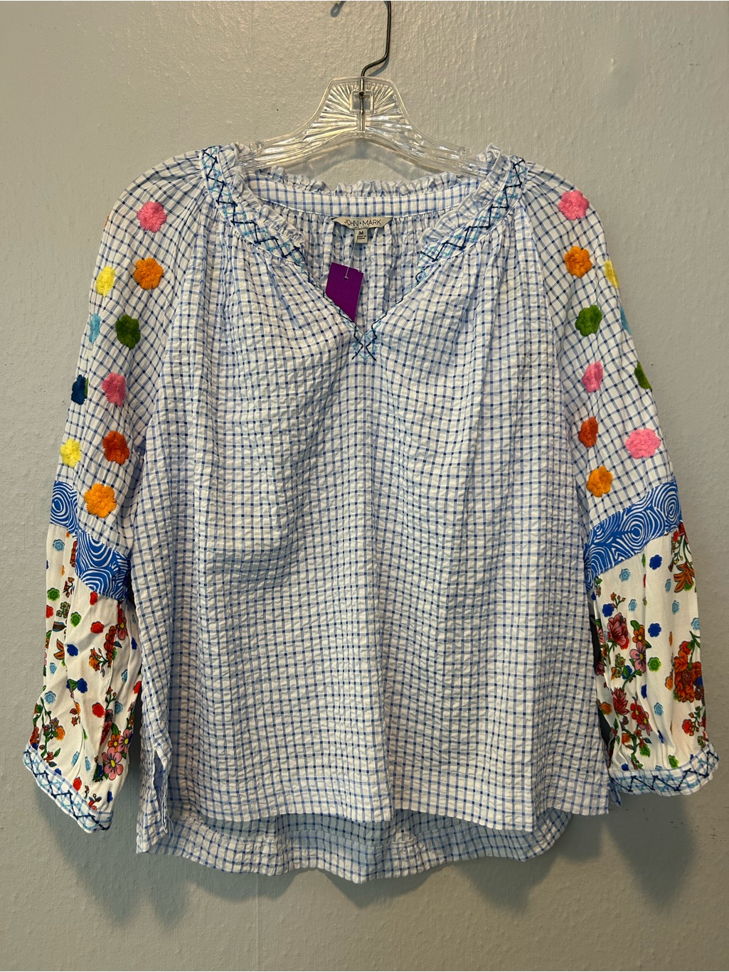 John Mark Blue Checked Peasant Blouse With Multicolor Embroidered Sleeves